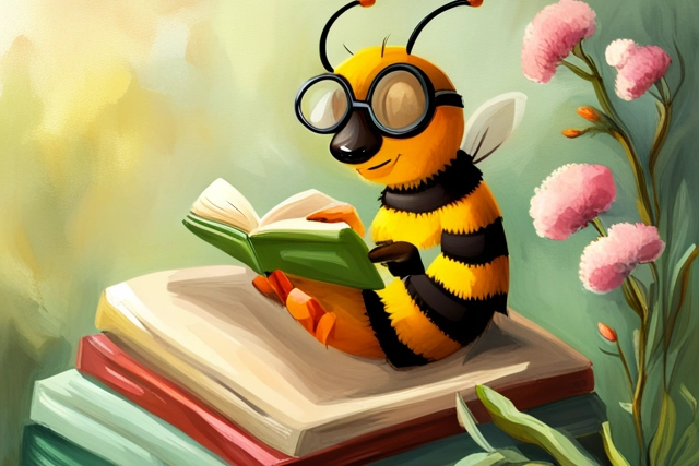 A cute and whimsical drawing of a bee reading a book. The bee should be wearing glasses and sitting on a stack of books while reading one of them. In the background, there could be flowers or a simple garden. Use a bright and cheerful color palette, with soft pastel hues to add an air of playfulness to the image.